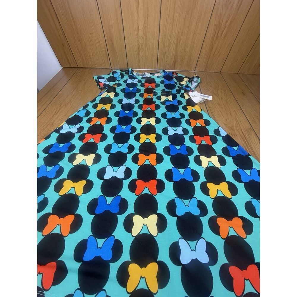 NWT LuLaRoe Irma Hi-Lo Tunic XS Disney Minnie Mouse Teal Black multi-color bows